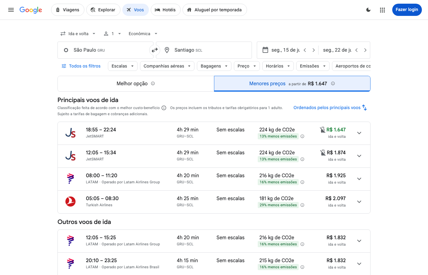 Print Google Flights — SÃO PAULO (GRU), partida 15 jun