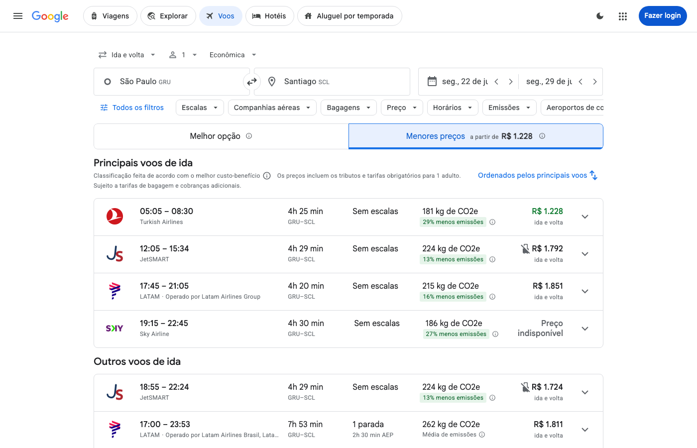 Print Google Flights — SÃO PAULO (GRU), partida 22 jun