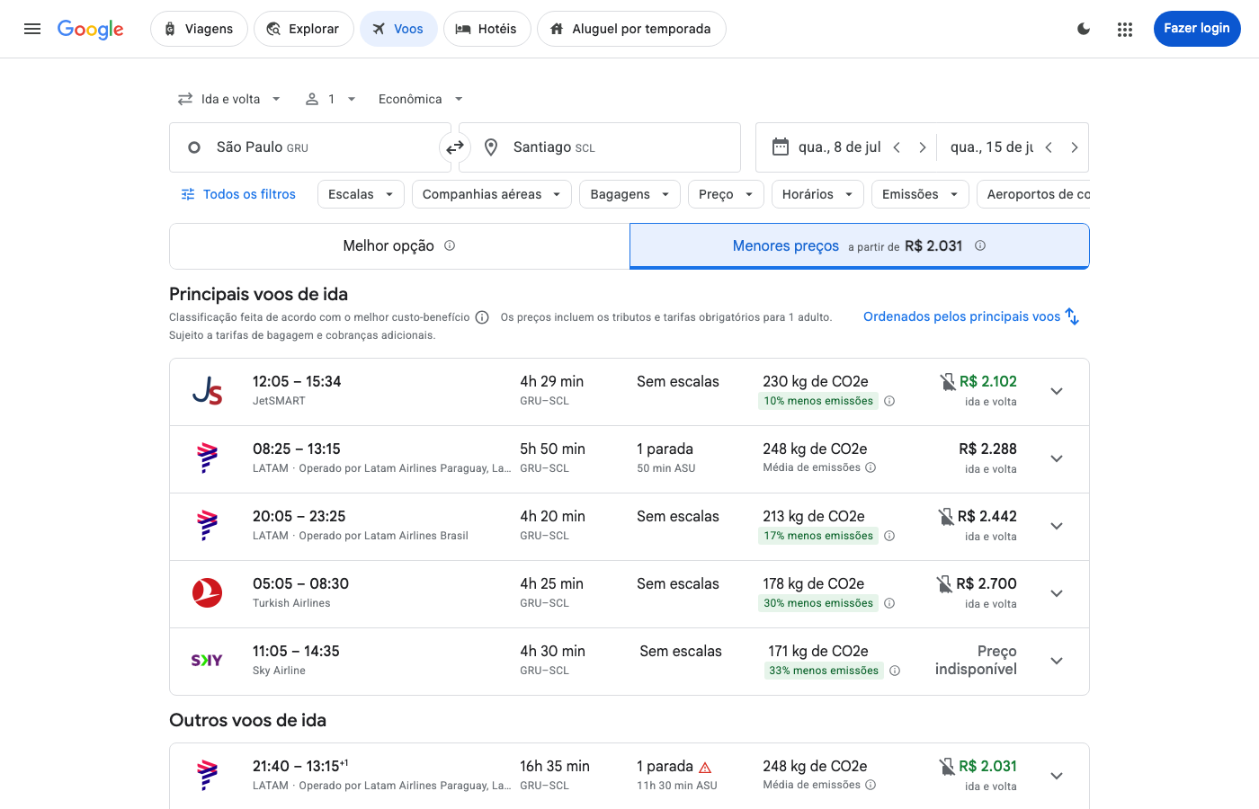 Print Google Flights — SÃO PAULO (GRU), partida 08 jul