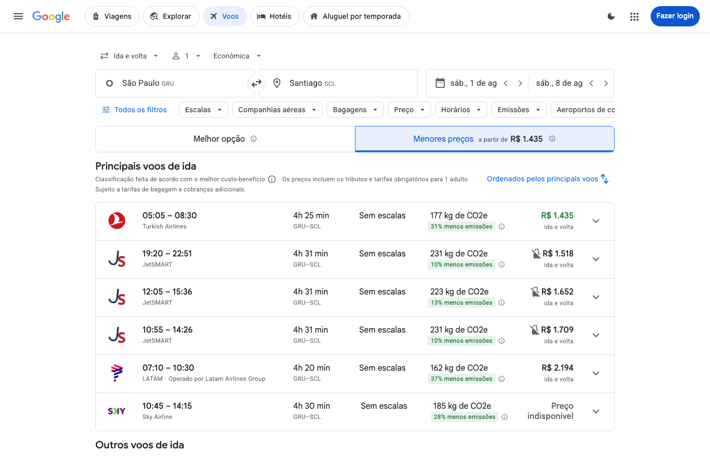 Print Google Flights — SÃO PAULO (GRU), partida 01 ago