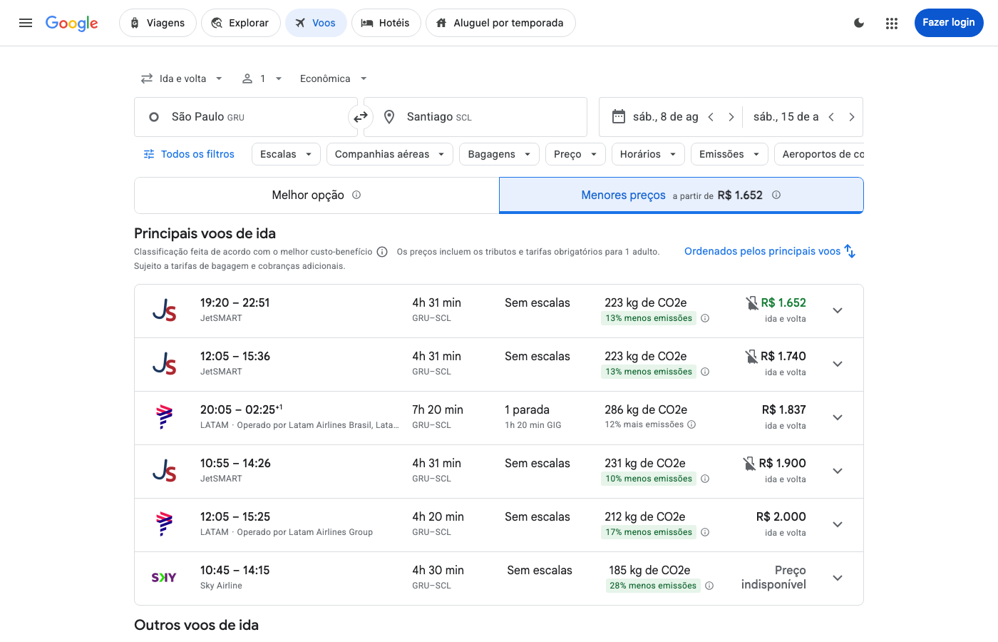 Print Google Flights — SÃO PAULO (GRU), partida 08 ago
