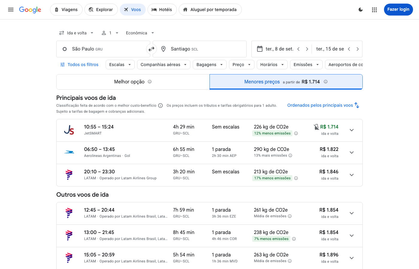 Print Google Flights — SÃO PAULO (GRU), partida 08 set