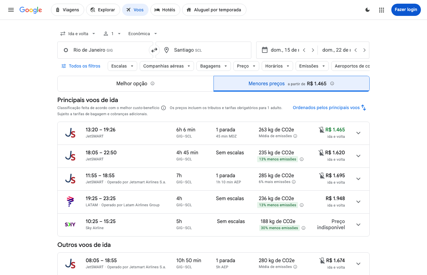 Print Google Flights — RIO DE JANEIRO (GIG), partida 15 nov