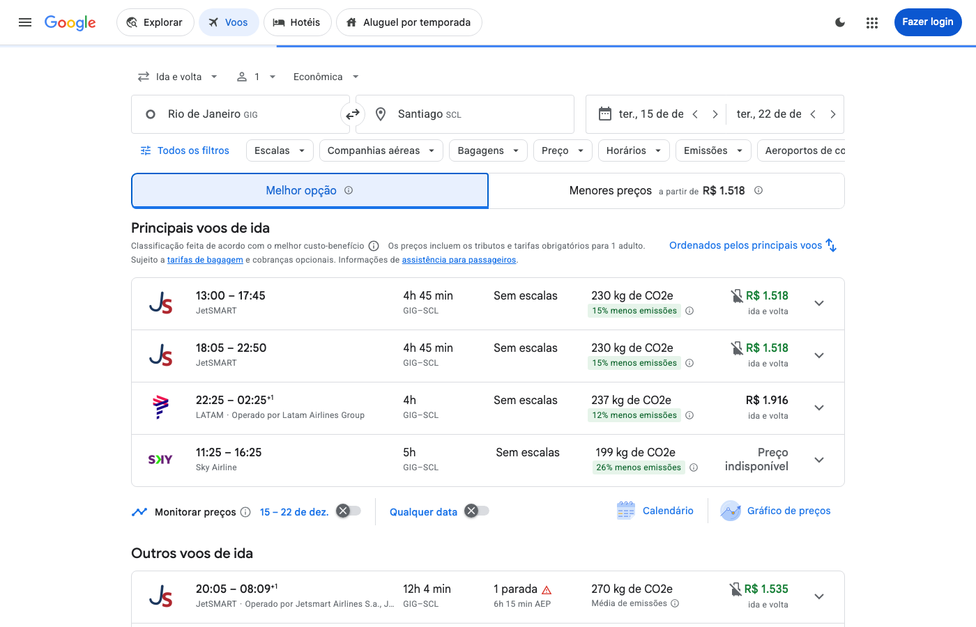 Print Google Flights — RIO DE JANEIRO (GIG), partida 15 dez
