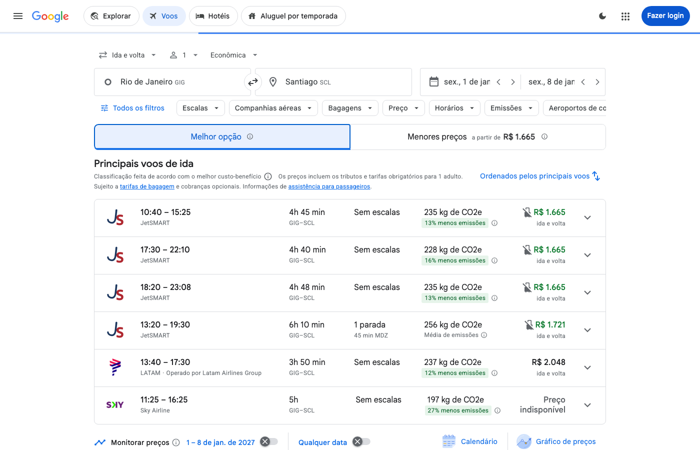 Print Google Flights — RIO DE JANEIRO (GIG), partida 01 jan