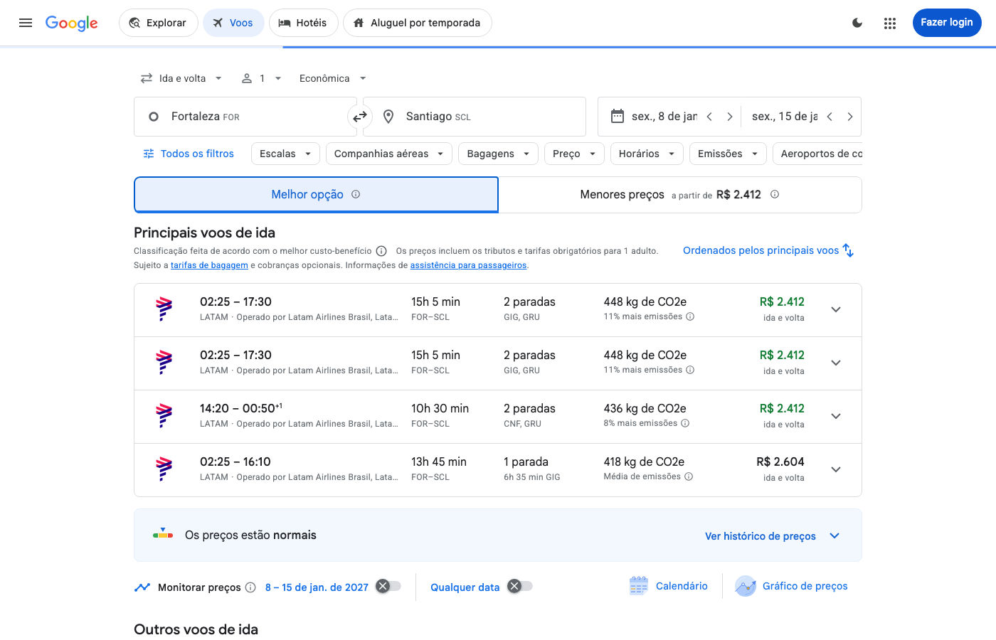 Print Google Flights — FORTALEZA (FOR), partida 08 jan