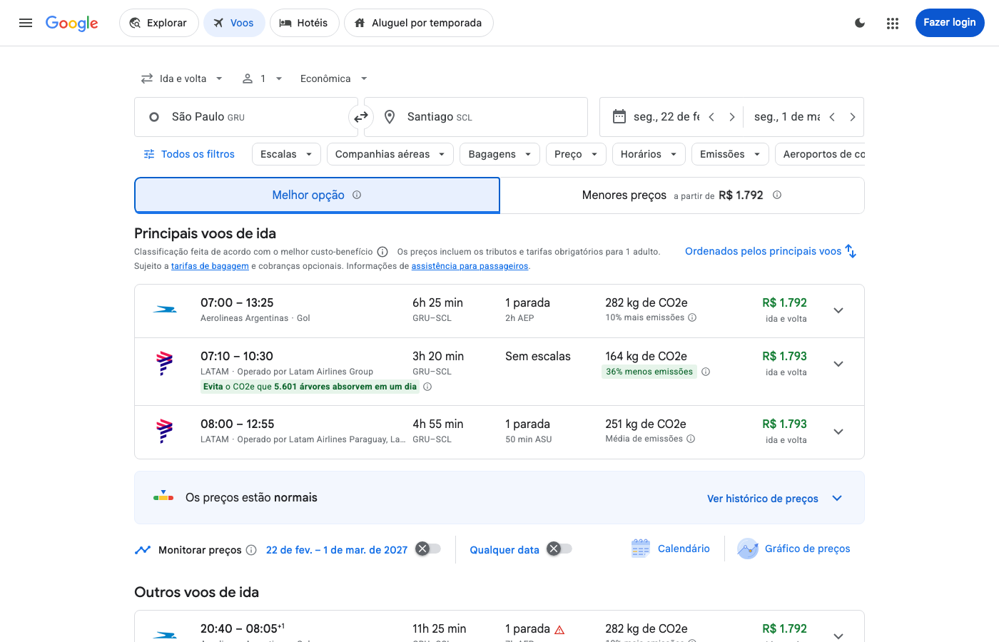 Print Google Flights — SÃO PAULO (GRU), partida 22 fev