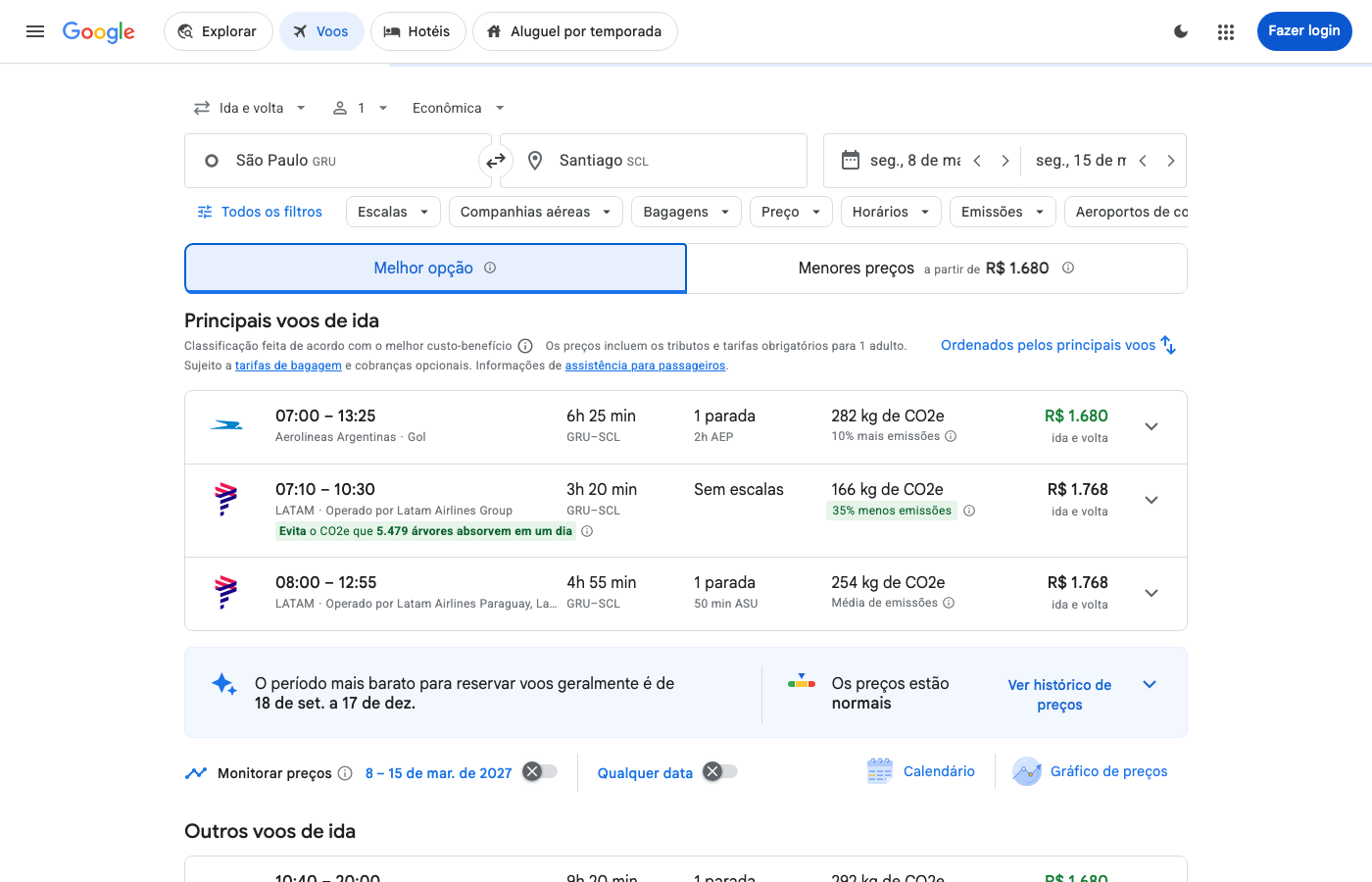 Print Google Flights — SÃO PAULO (GRU), partida 08 mar